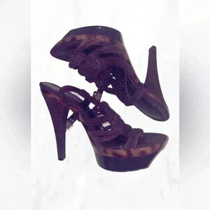 BCBG generation platform strappy leopard brown suede braided leather heel 8